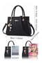 Women PU Shoulder Crossbody Satchel Tote Handbag with Multi-Pocket Texture & Floral Charm (Black) - 6