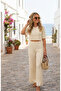Summer Buttoned Collar Crop Blouse Trousers Ribbed Bottom Top Knitwear Set