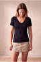 Women's Black Cotton / Elastane Blend Regular Fit V-Neck Short Sleeve T-Shirt Delaney - 3