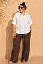 Women's Plus Size White Coffee Striped Low Short Sleeve Oversize Woven Viscose Shirt - 4