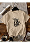 Women's Y2K Star Cat Printed Oversized T-Shirt Beige Beige