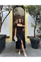 Women's Black Square Neck Watermelon Sleeve Slit Midi Dress Yel0959 - 3