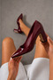 Burgundy Patent Leather Thick Heeled Women's Stiletto Shoes Daily and Special Occasion Evening Dress Shoes 9 cm Heel - 3