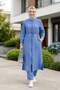 Women's Ribbed Zippered Linen Tunic Pants Blue Double Set