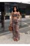 Women's Brown Ethnic Patterned Strappy Crop Bustier Chiffon Shorts Lined Wide Leg Pants Set 8086 - 2