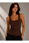 Women's Brown Strappy Camisole Fabric Ribbed Look Slim-Fit Basic Blouse-Tank Top - 4