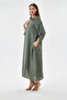 Khaki Italian 100% Linen Degaje Collar Folded Long Sleeve Long Linen Dress 38 - 44 Size - 2