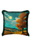Landscape Autumn Moonlight Artistic Fringed Pillowcase-Turquoise Mustard Gray Tassel Throw Pillow Cover - 2