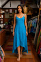 Turquoise Color Italian Linen Dress with Short Front and Long Back and Elastic Detail