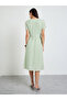 Green Solid V Neck A-Line Midi Dress - 4