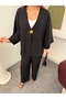 Single Gold Button V-Neck Wide Sleeve Wrinkled Textured Kimono Trouser Set 9110 - Black - 7