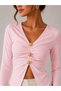 Women's Elegant Flower-Shaped Metal Button Detail Bluz with Gathered Detail - 2