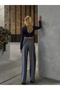 Women's Gray Front Stitching Detailed Thessaloniki Pants High Waist Wide Leg Knitted Loose Leg - 6