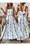 Women's Strappy Square Neck Patterned Long Jersey Dress with Bow Tie Detail on the Back