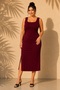 Women's Plus Size Square Neck Thick Strap Side Slit Crepe Woven Stretchy Midi Pencil Dress - 5