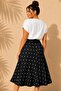 Women's Black Plus Size Polka Dot Patterned Elastic Waist Satin Woven Midi Skirt - 4