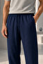 Men's Linen-Look Comfortable Cut Trousers with Elastic Waist and Laces - Navy Blue - 3