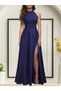 Women's Halter Neckline Deep Slit Detailed Full Length Janjan Crepe Evening Dress