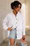 Women's White Cotton Linen Double Pocket Wooden Button Pinterest Oversize Shirt