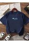 Girl's Back and Front Summer Printed Crew Neck Navy Blue T-Shirt - 3