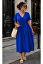 Women's Aerobin Fabric Summer V-Neck Short Sleeve Elastic Waist Below Knee Dress