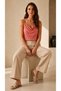 Women's Salmon Color Adjustable Strap Draped Collar Flowy Sandy Fabric Blouse - 5
