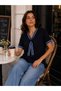 New Season Women's Modal Cotton V-Neck Stripe Detailed Scarf-Look Stylish Basic Short Sleeve T-Shirt - 4