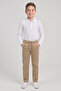 Boys' White Long Sleeve Polo Collar T-Shirt Beige Ribbed Waist Canvas School Pants Bottom Top Set School Outfit