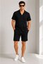 Men's Crepe Fabric Breathable Short Sleeve Shirt Pocket Shorts Bottom Top Set - Black - 4
