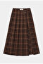 Women's Brown Plaid W6-35 Maxi Length Skirt with Belt Detail and Special Design - 3