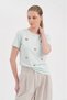 Women's 100% Cotton Short Sleeve Design Tshirt with Floral Brooch Detail on the Front