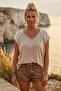 Italian Dark Beige V-Neck Low Sleeve Mesh Detailed Casual Woven Blouse 67 56