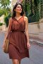 Women's Brown Elastic Waist Buttoned Dress Arm-18Y001152