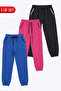 3-Piece Girls' Pocket Piping Detailed Elastic Cuffed Plain Unprinted Sweatpants