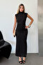 Women's black long dress with glittery ruched detail - 5204 - 3