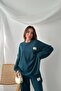 Women's Petrol Sweatshirt-Pants Set Ribbed Textured Oversized Crew Neck Sweatshirt and Wide Leg - 3