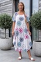 Italian White-Beige Pool Collar Short Sleeve Flared Cut Printed Casual Viscose Long Woven Dress 120 62