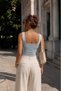 Women's Baby Blue Ribbed U-Neck Strappy Ribbed Textured Slim Fit Casual Blouse - 2