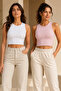 Women's 2-Piece Ribbed & Cotton Crew Neck Sleeveless Crop Tank Top