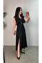 Women's Short Sleeve Padded Front Buckle Side Slit Long Imported Crepe Dress - 3