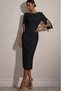 Women's Short Slit Sleeves Pearl Detailed Round Neck Midi Imported Crepe Dress - 2