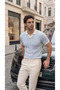 Men's Knitted Pattern Collared Short Sleeve Knitwear T-Shirt - 100% Cotton Acrylic - 2