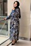 Stone Embellished Collar, Full Length Buttoned Front Patterned Dress - 2