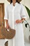 Women's White Linen Shirt Collar Buttoned Short Sleeve Midi Plain Woven Dress - 5