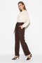 Women's Bitter Brown Belt Detailed High Waist Pleated Straight Leg Fabric Trousers 60286453 - 3