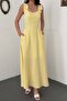 Women's Yellow Bow Tie Strap Square Neck Fitted Waist Flared Maxi Dress - 4