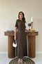 Women's Brown Crew Neck Short Sleeve Pleated Long A-Line Cotton Dress