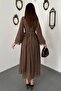 Women's Brown Long Sleeve Lace Cuff Belted A-Line Maxi Dress - 5