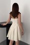Women's Beige Mini Dress Square Neckline Shoulder Lace-Up Flared Skirt Textured Cotton - 5