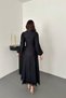 Women's Navy Blue Long Dress Embossed Textured Lace Hem Belted Balloon Sleeves - 5